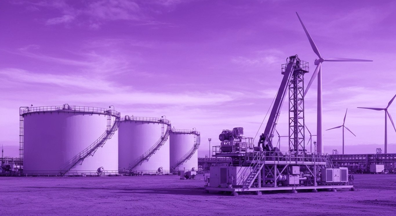 Industrial oil tanks and lithium extraction machinery set in an energy landscape with wind turbines