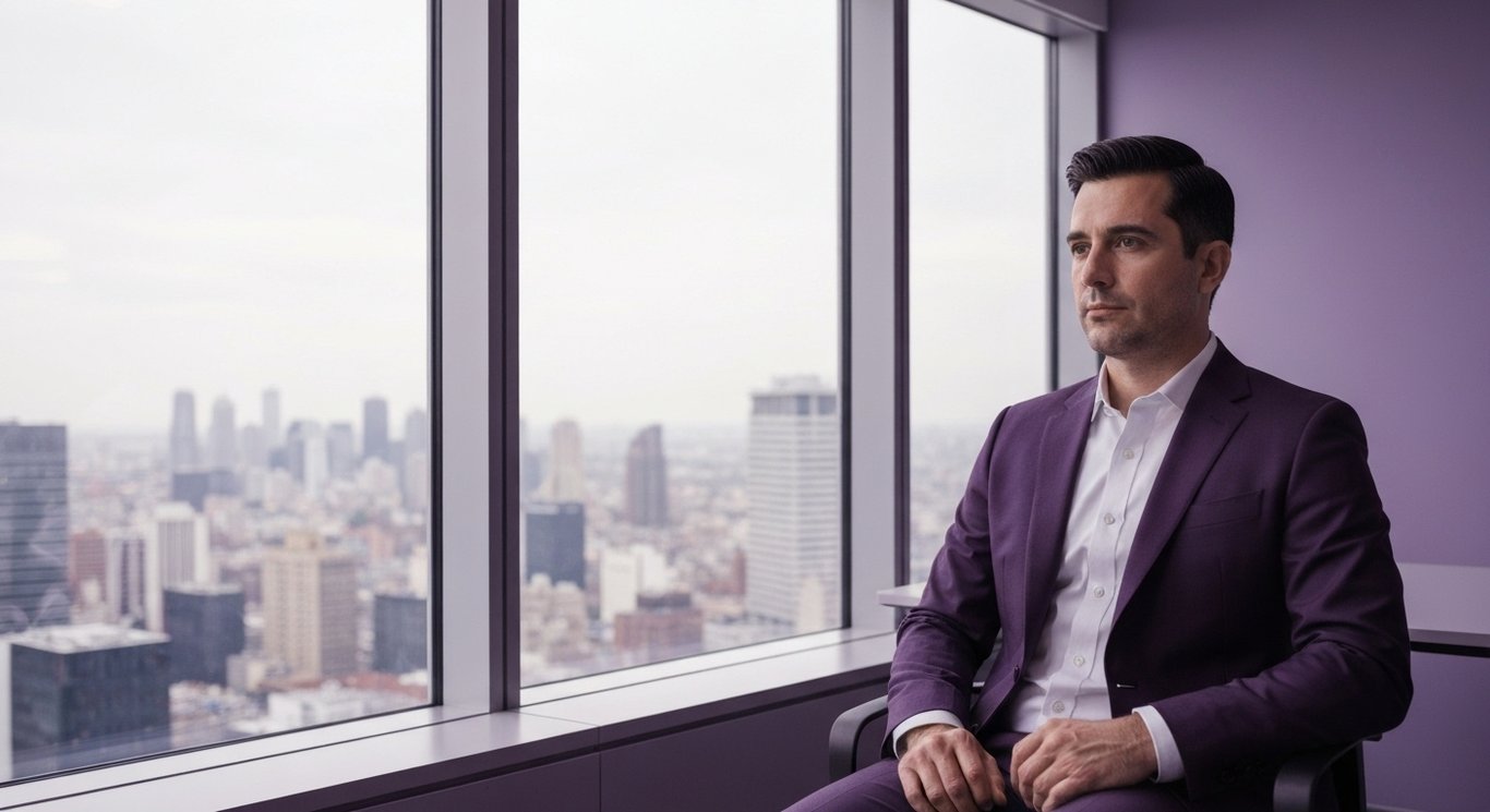 Male executive in modern office gazing out large window with a purple city skyline in the background