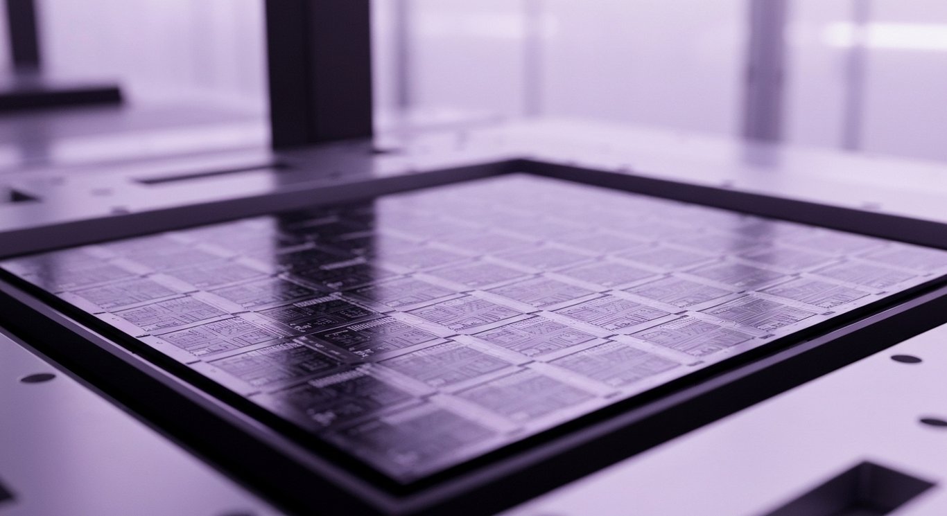 Silicon wafer displaying complex microchips in a modern semiconductor lab setting with a purple hue