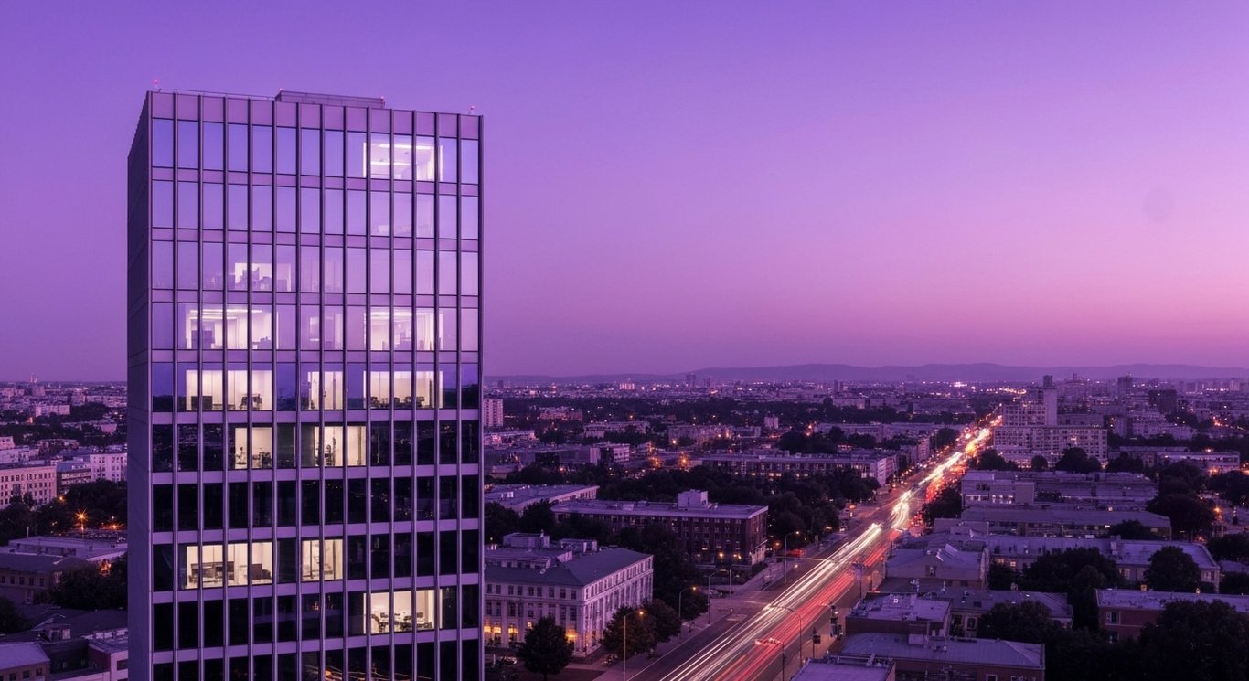 Corporate office building with glass facade stands before a city skyline at dusk with a purple-hued sky