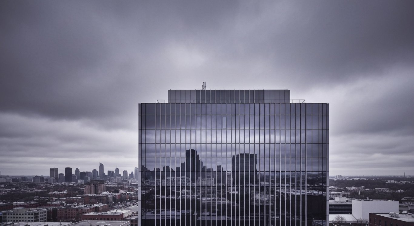 Modern office building with glass exterior stands before a city skyline under a moody purple sky