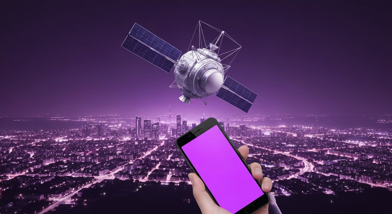 Communication satellite and mobile phone with a nighttime cityscape and satellites above