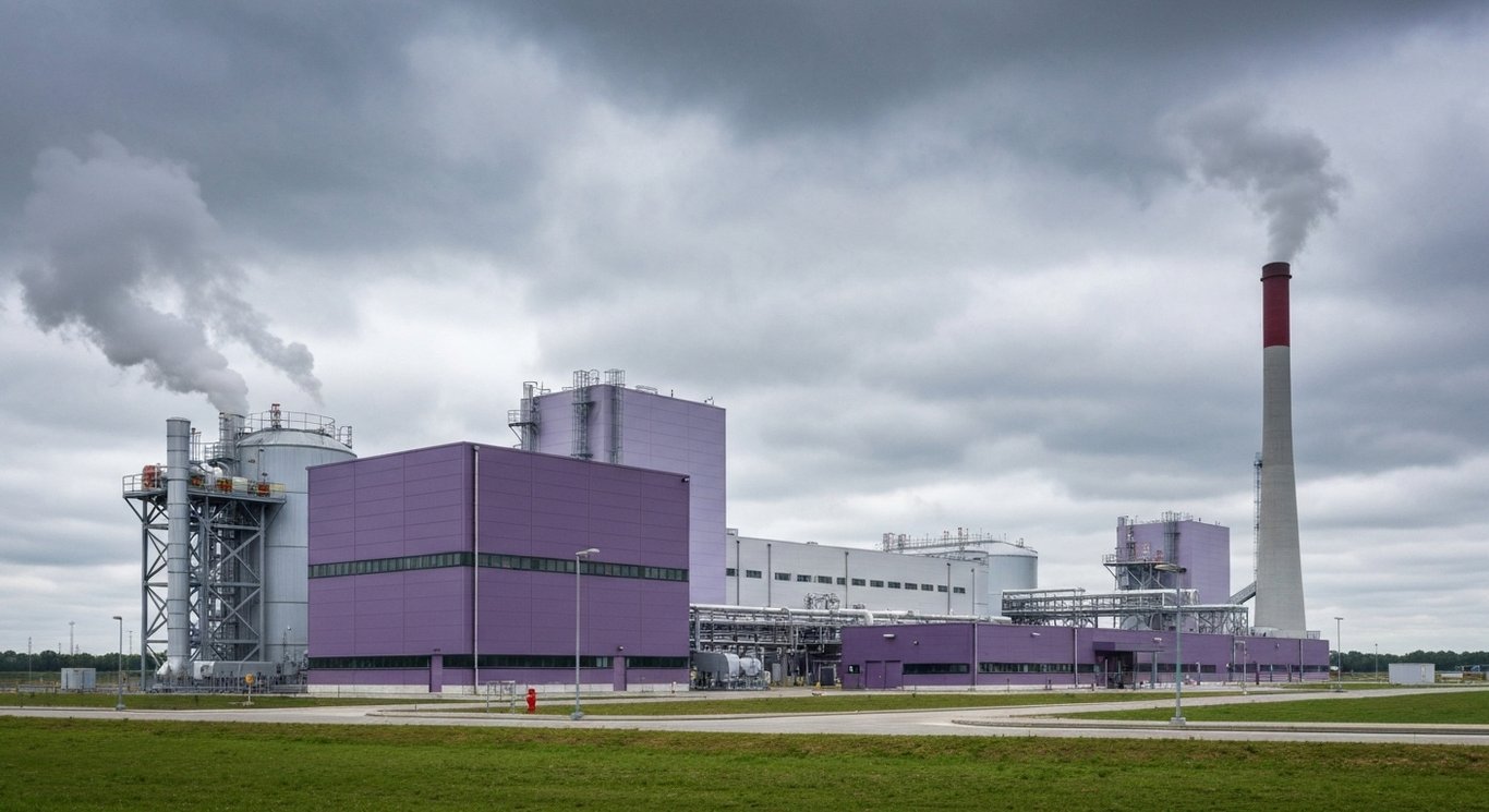 Modern natural gas power plant with green landscape and moody sky in a purple-toned scene