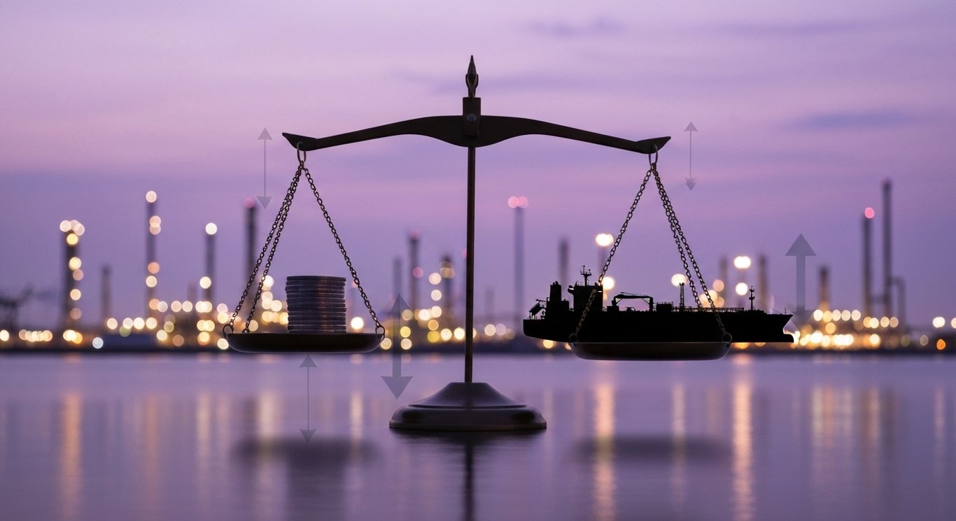 Stacked coins on a balance scale facing an LNG carrier at a dusk seaport with purple lighting
