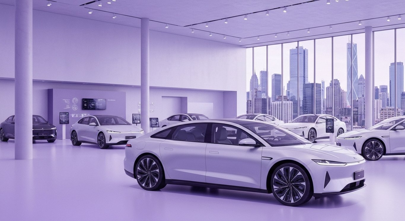 Electric sedan in urban showroom with modern cars and city skyline visible through large windows