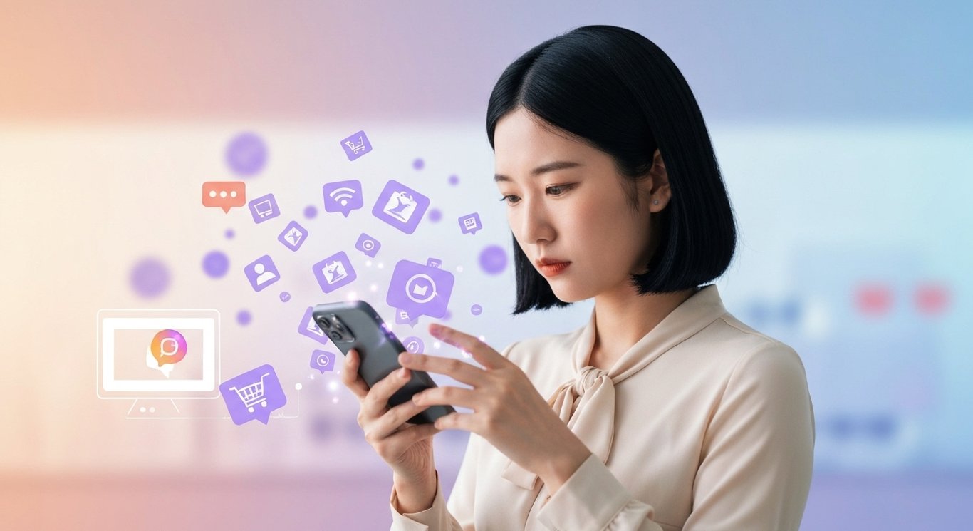 Young woman with smartphone amid digital icons and soft purple background