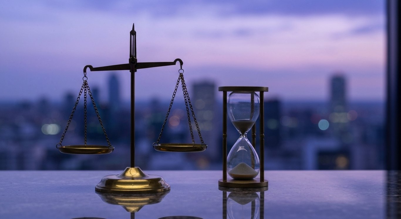 Balance scale beside hourglass on a reflective surface with a blurred corporate skyline at dusk