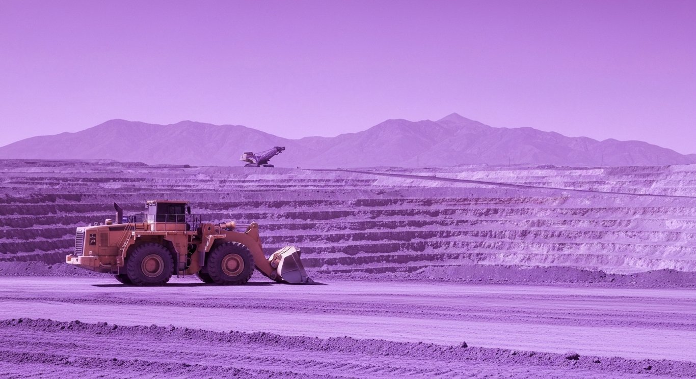 Copper mining equipment in an open-pit mine with a purple-tinted mountain background