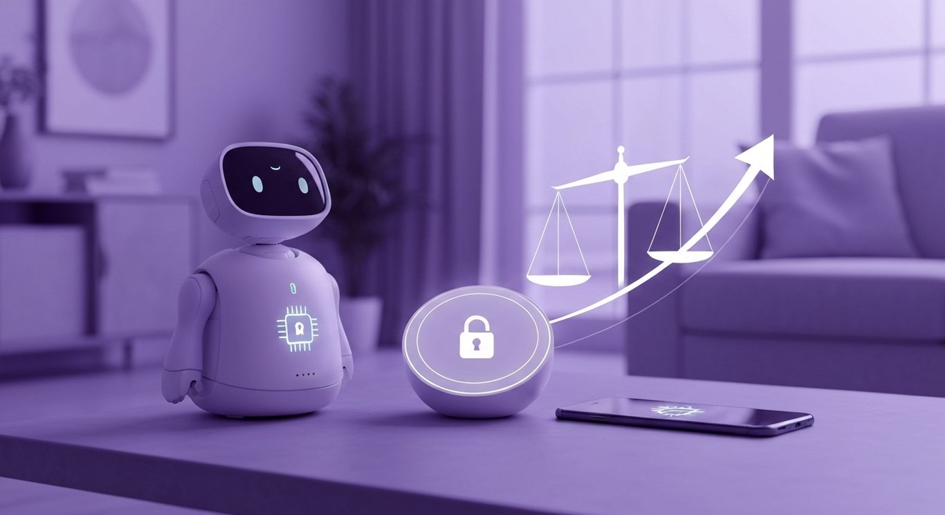 Home robot and smart home hub beside a smartphone, glowing chip and padlock motifs in a soft purple living room