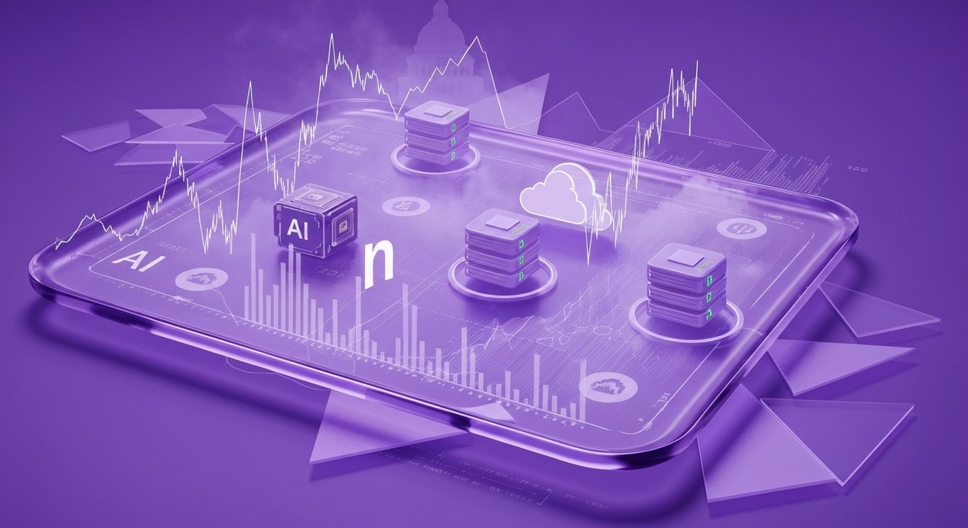 Abstract AI infrastructure profitability and GPU cloud margins amid policy uncertainty and Fed actions, visualizing market v