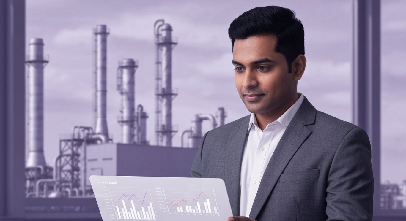 Business executive studies digital financial charts with a factory in the softly lit purple background