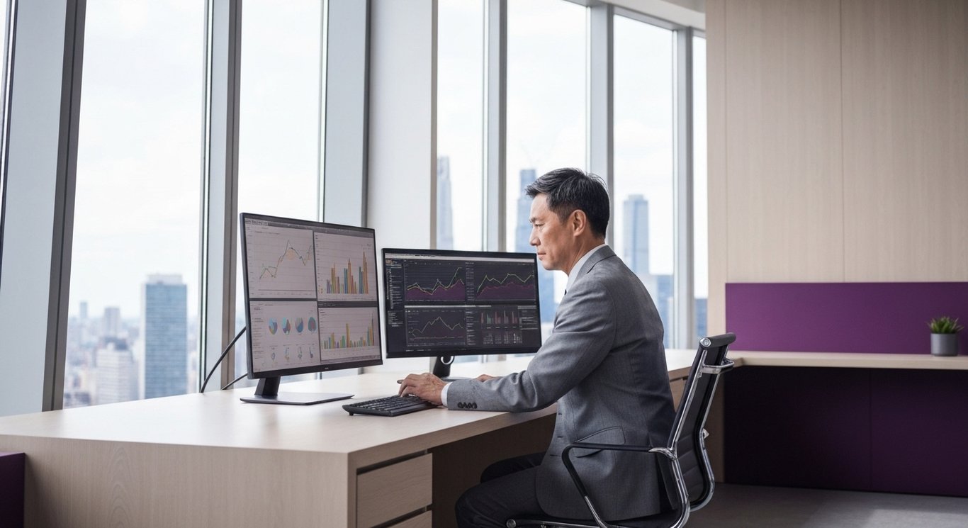 Modern office workspace featuring a business professional studying digital graphs with a city skyline in the background