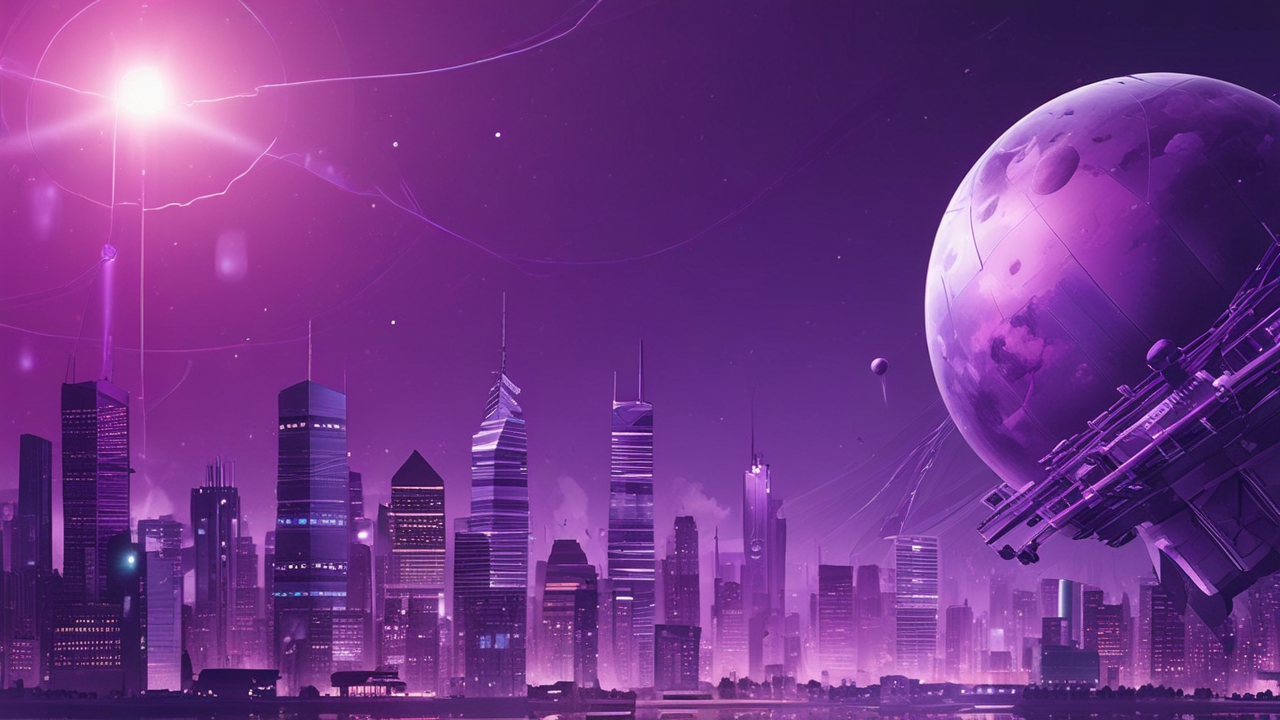 Military communication satellite above an abstract cityscape with digital accents and a purple color scheme