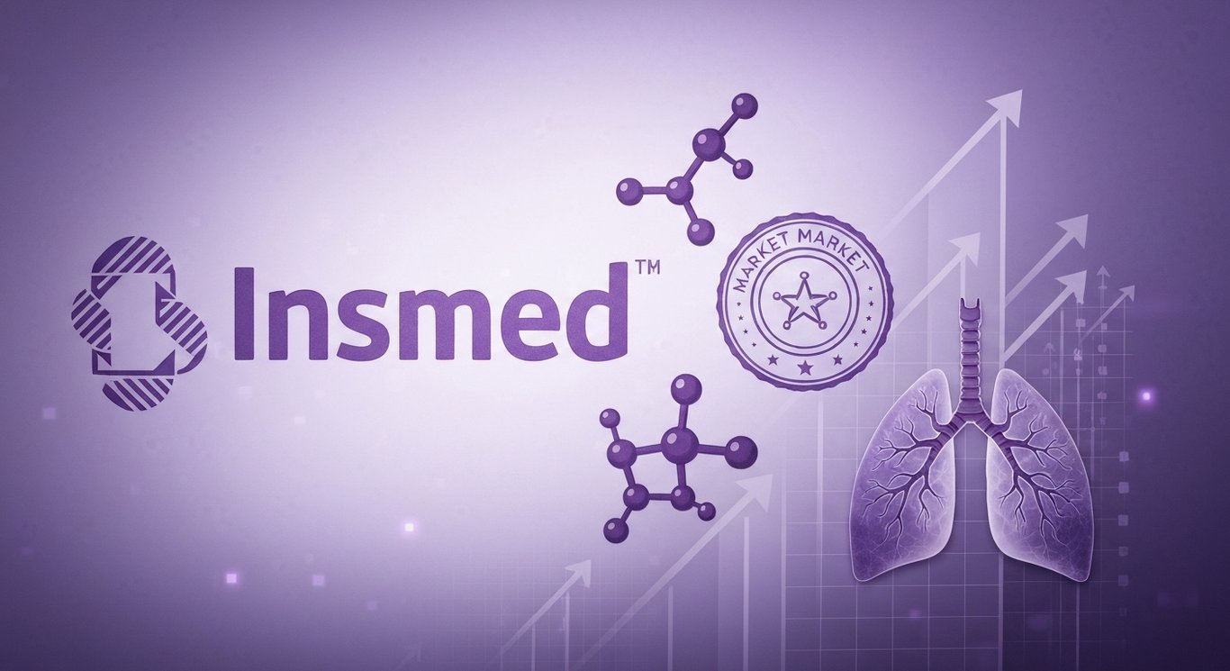 Logo on frosted glass with molecule models, abstract lungs, rising arrows in purple, symbolizing respiratory drug approval