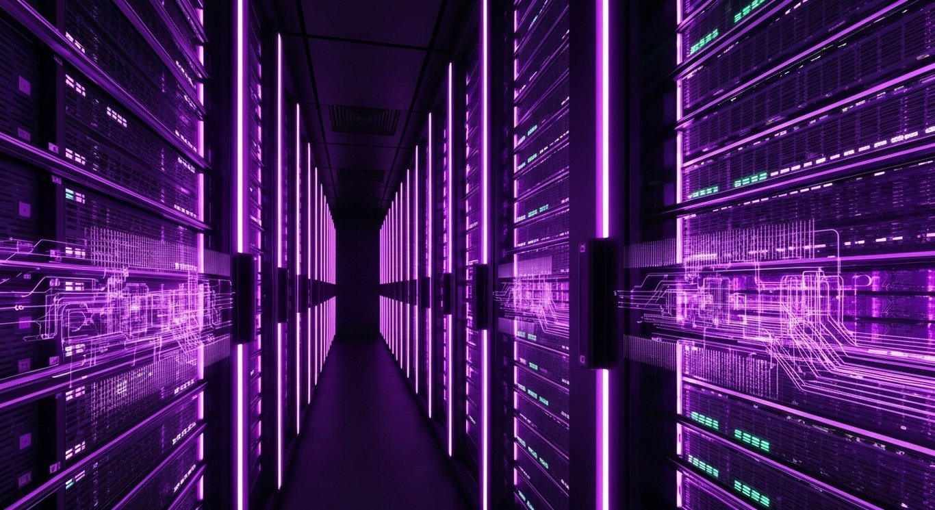 Server racks and quantum computer cores in a futuristic datacenter with a soft purple glow
