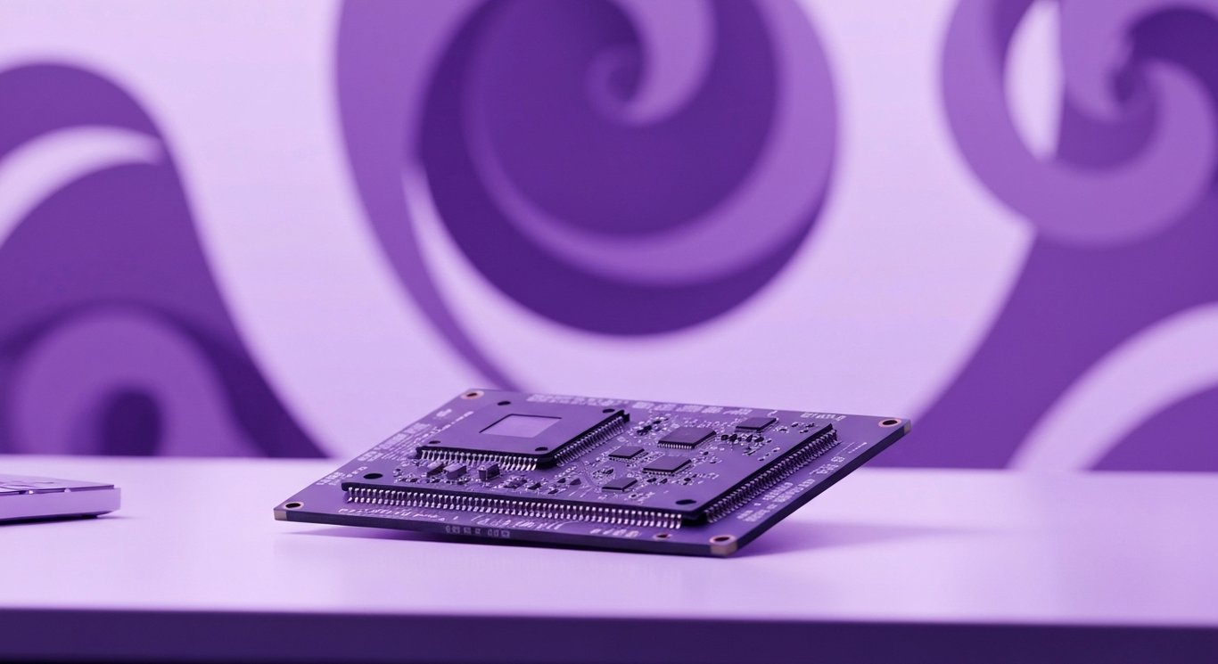 Microchip circuit board on a modern desk with soft purple abstract background