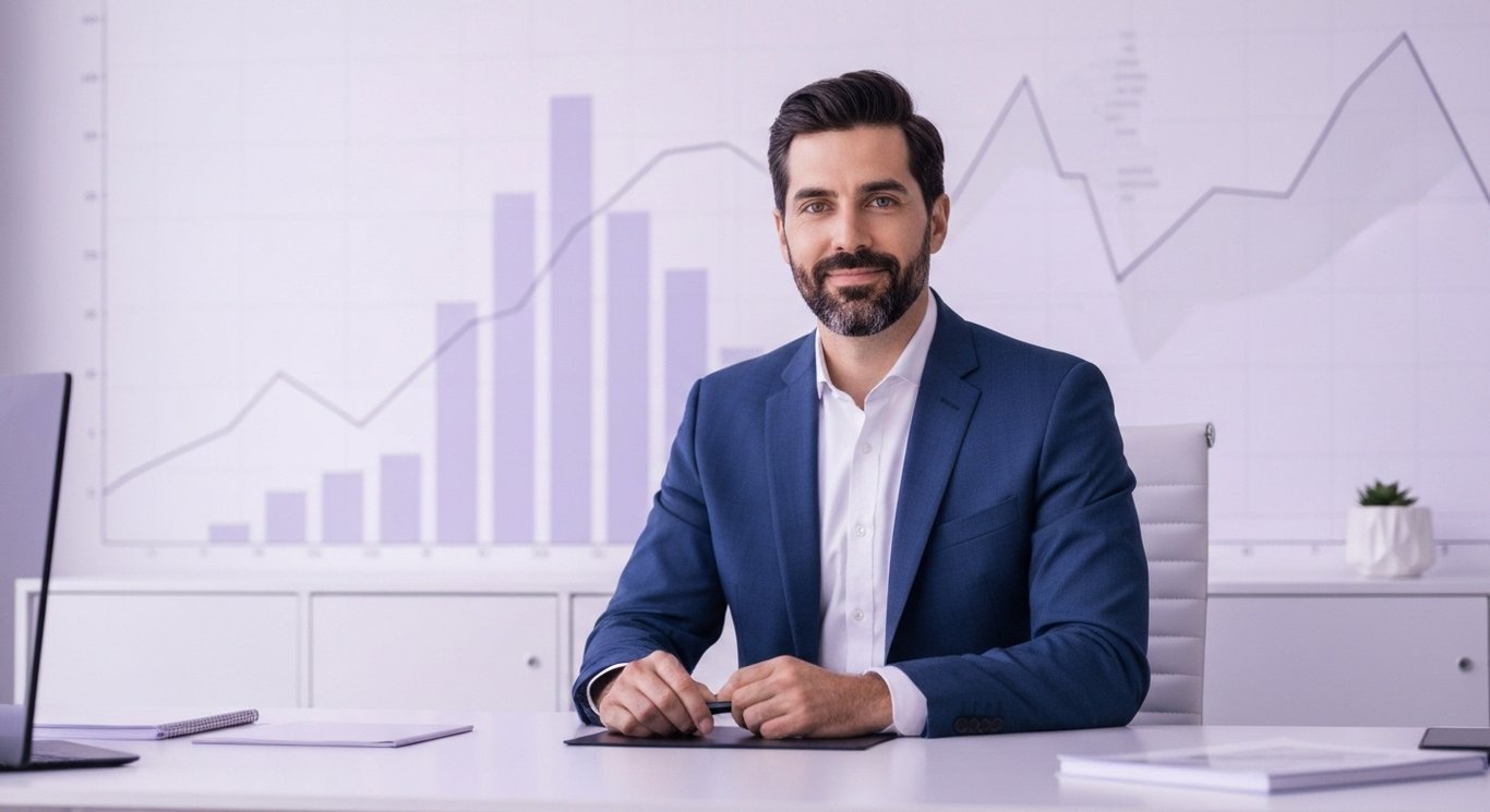 Healthcare insurance executive at a desk with abstract purple office background and digital graphs