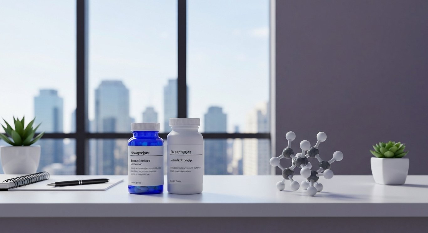 Two medication bottles beside a molecular model on a desk with a soft purple cityscape background
