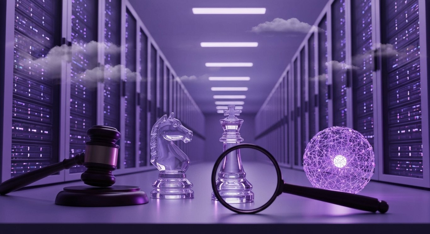 Glass chess knight under a magnifying glass near a gavel and luminous sphere, with server racks fading into purple haze