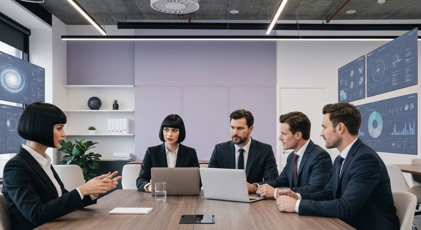 Business professionals discussing in a modern office with subtle aerospace motifs and digital charts in the background