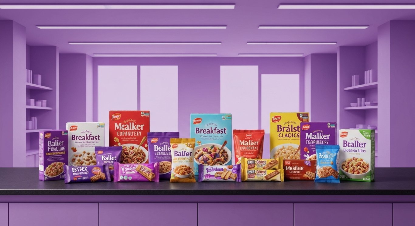 Assorted breakfast food packages on a sleek tabletop with an abstract purple-themed office background