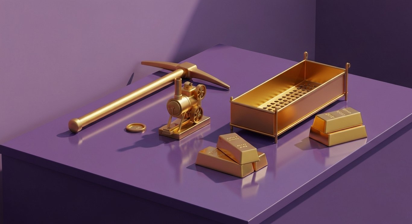 Gold mining equipment and gold bars on a modern reflective surface with a soft purple-themed background