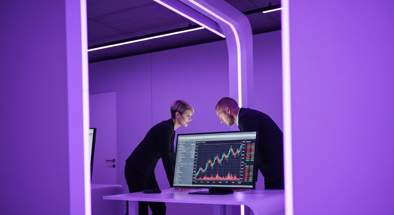 Business people review stock charts on digital screens in a modern office with purple lighting