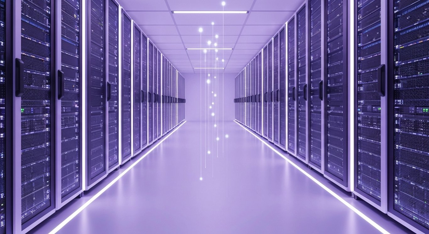Data center aisle with glowing server racks and faint upward light trails under soft purple lighting