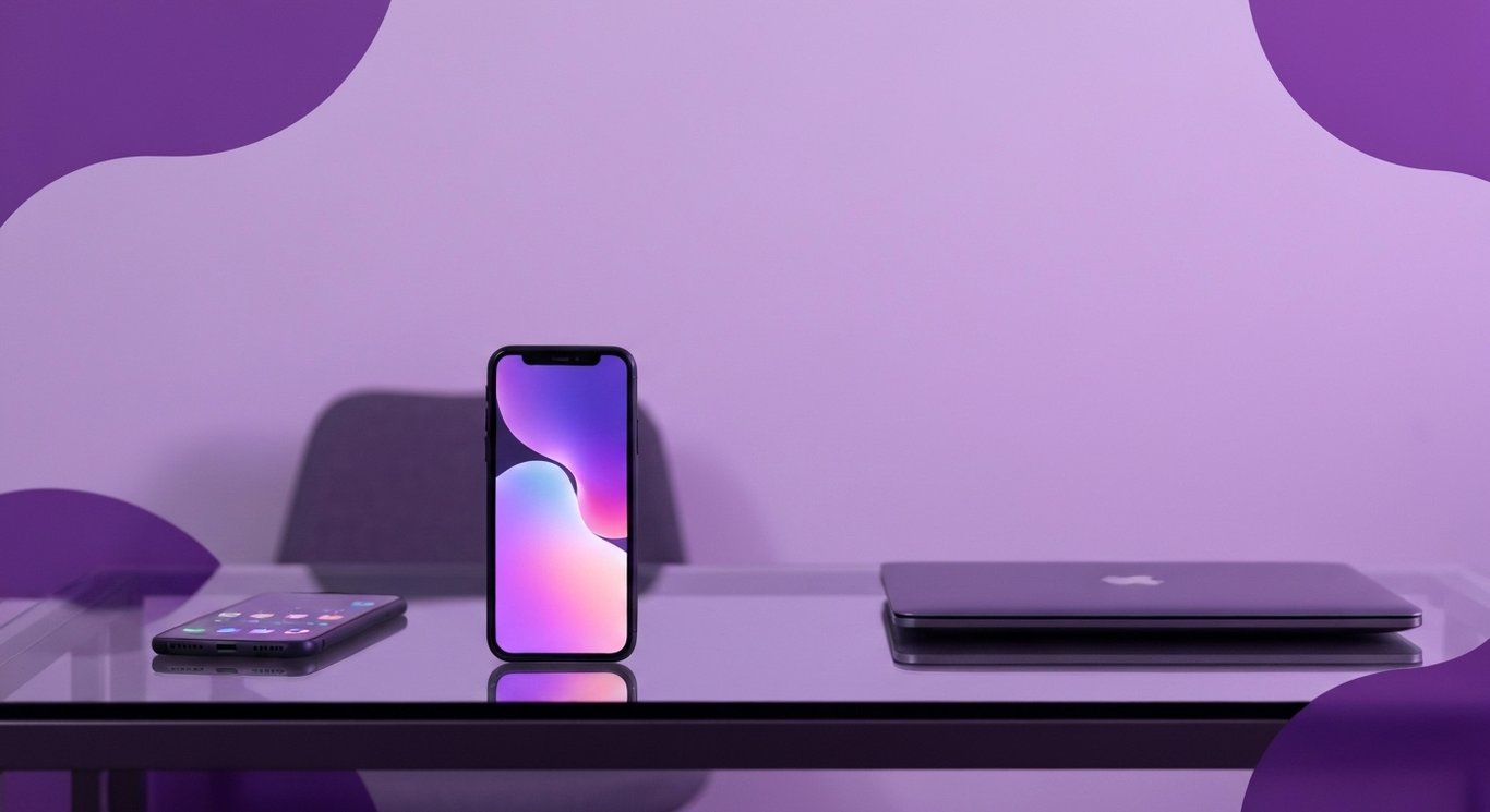 Modern smartphone and sleek laptop on a glass table with soft purple lighting and accents