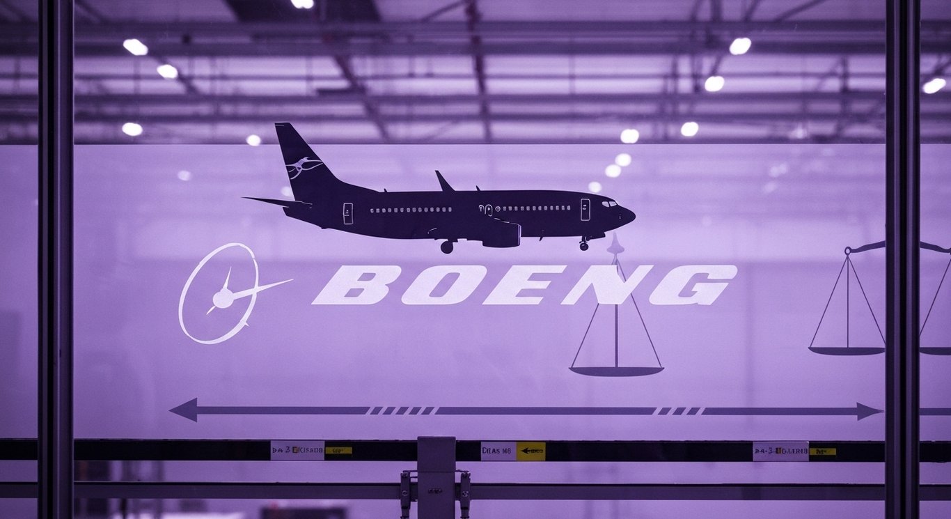 Logo in frosted glass, jet silhouette over factory line, legal scales, capped conveyor, purple lighting, recovery arrows