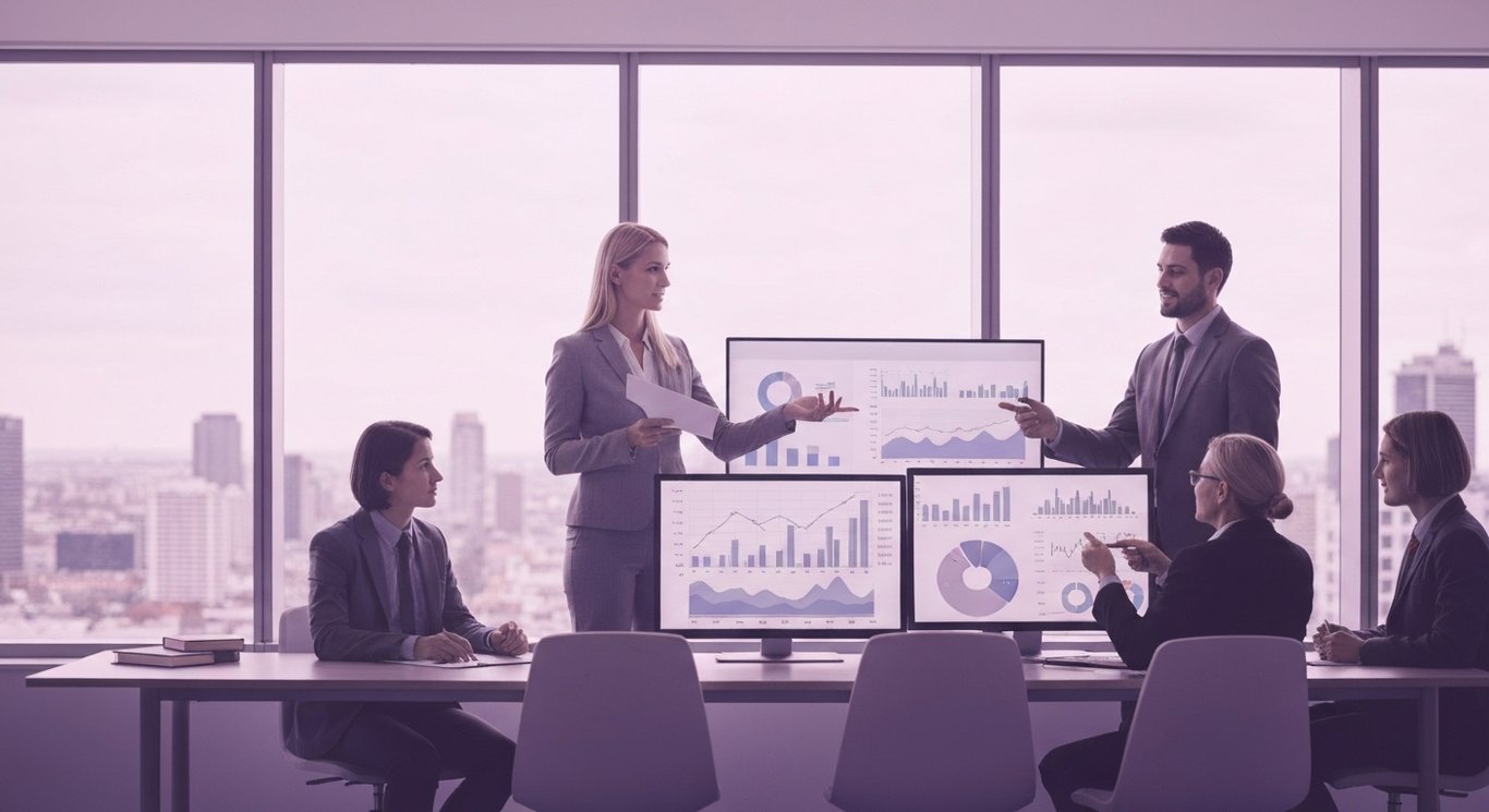 Business professionals analyzing financial data in a modern office with a purple-themed cityscape outside the windows