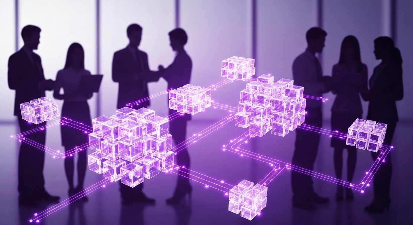 Abstract AI data hub with glowing purple connections and business professionals in a sleek office setting