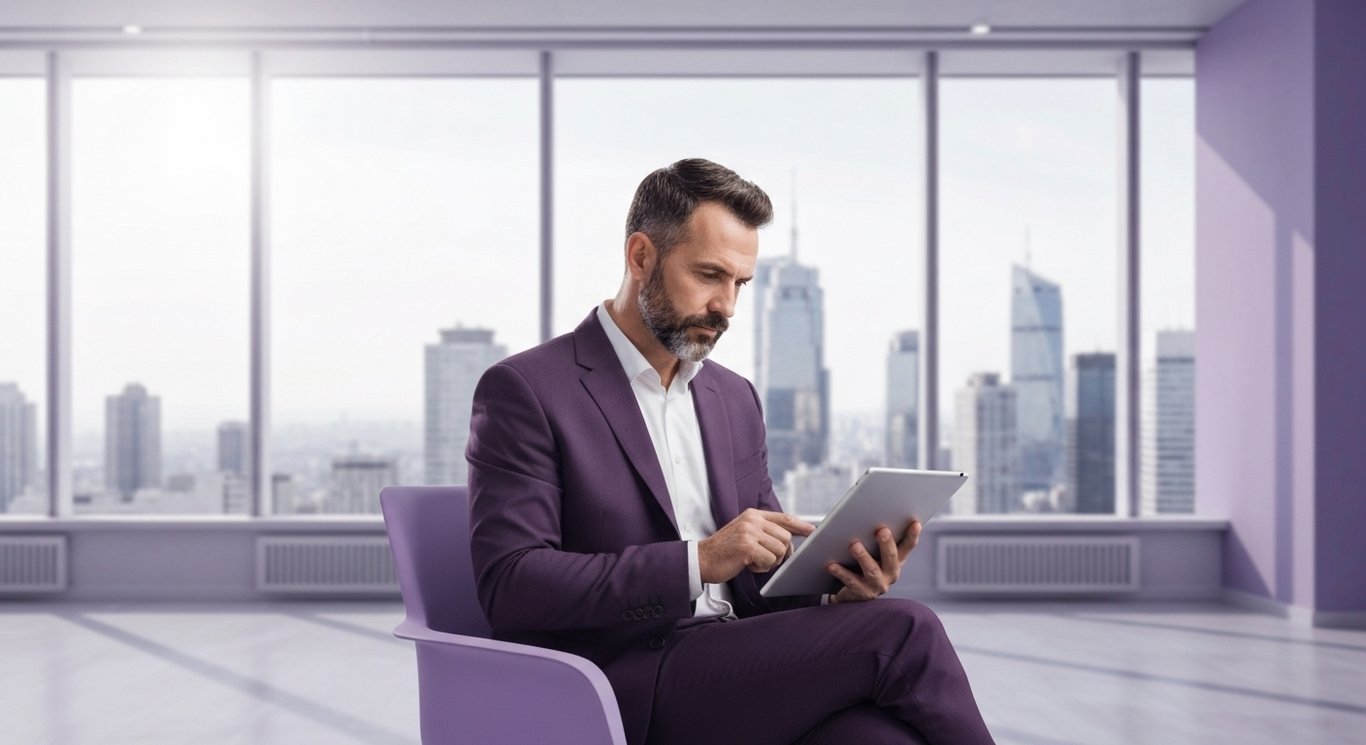 Business executive analyzing financial data on a tablet in a modern office with a purple cityscape backdrop