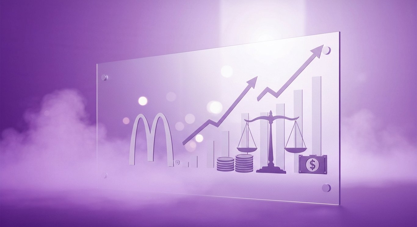 McDonald’s earnings analysis and cash flow strength with rising leverage, purple-themed graphic with subtle logo, dividends &