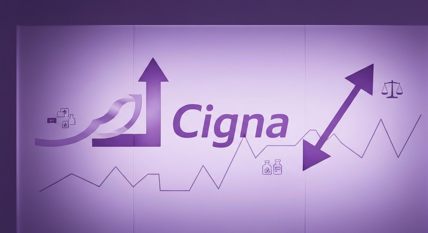 Cigna earnings visualization showing revenue growth, profit decline, PBM margin pressure, strong free cash flow, and shares u