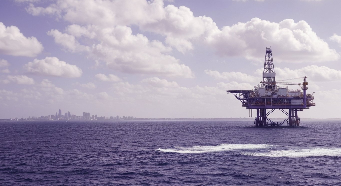 Offshore oil platform with modern equipment near a distant city and ocean, purple-themed minimalist scene