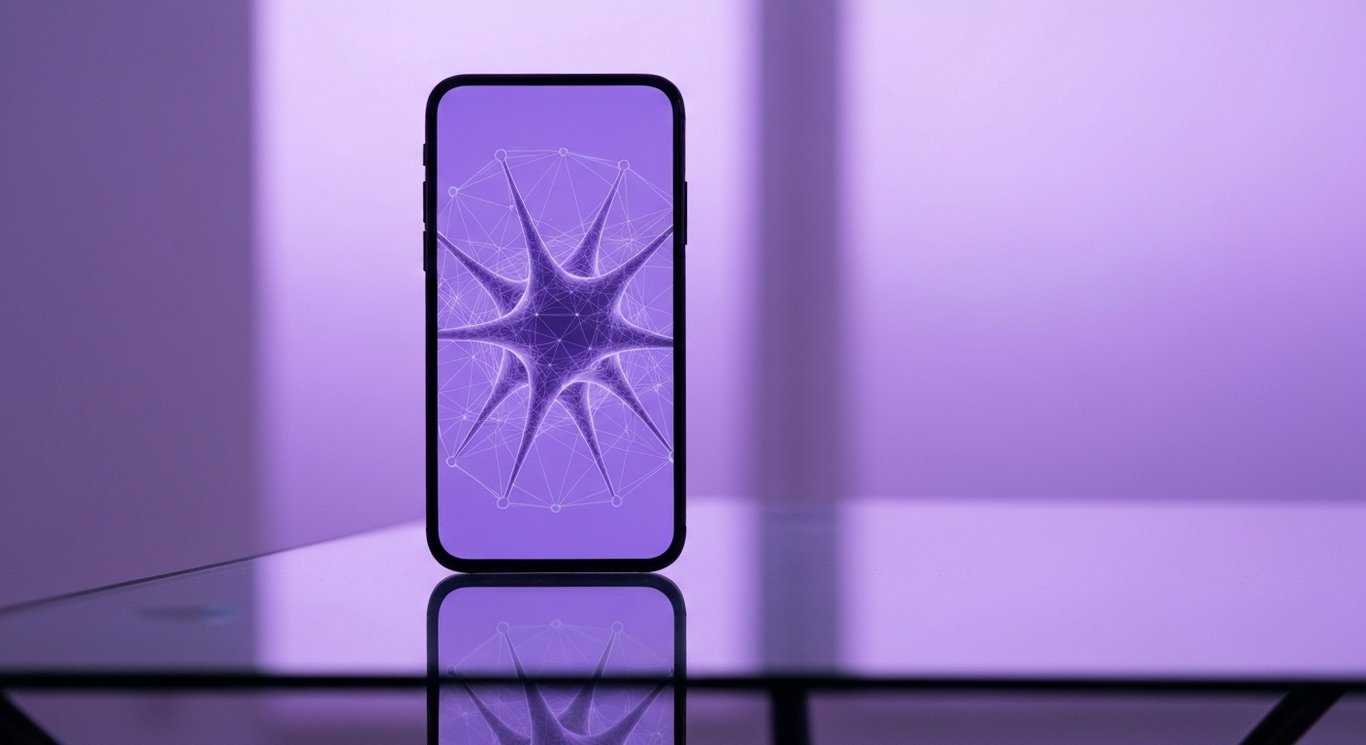 Modern smartphone with neural network pattern on glass table and minimalist purple ambient background