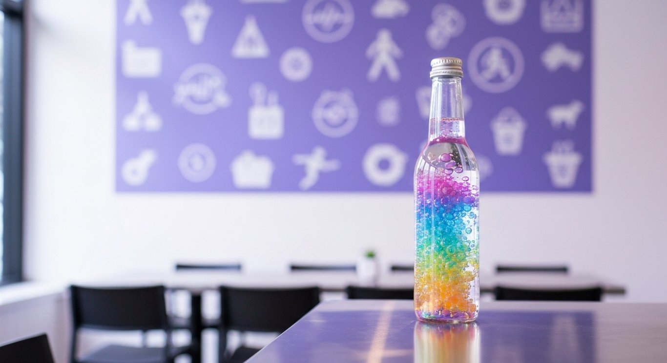 Modern beverage bottle on sleek countertop with abstract health icons in purple tones