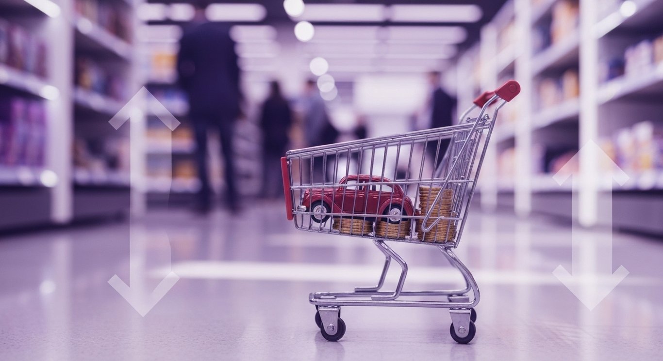 Metal shopping cart with small car model and stacked coins on glossy retail floor, blurred shoppers and shelves behind