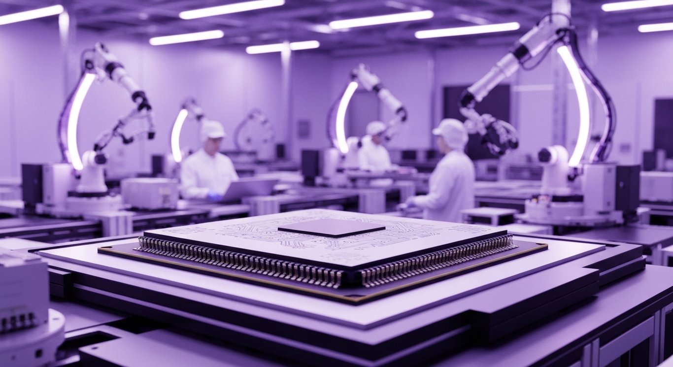 Cutting-edge computer chip in a high-tech semiconductor factory with soft purple lighting