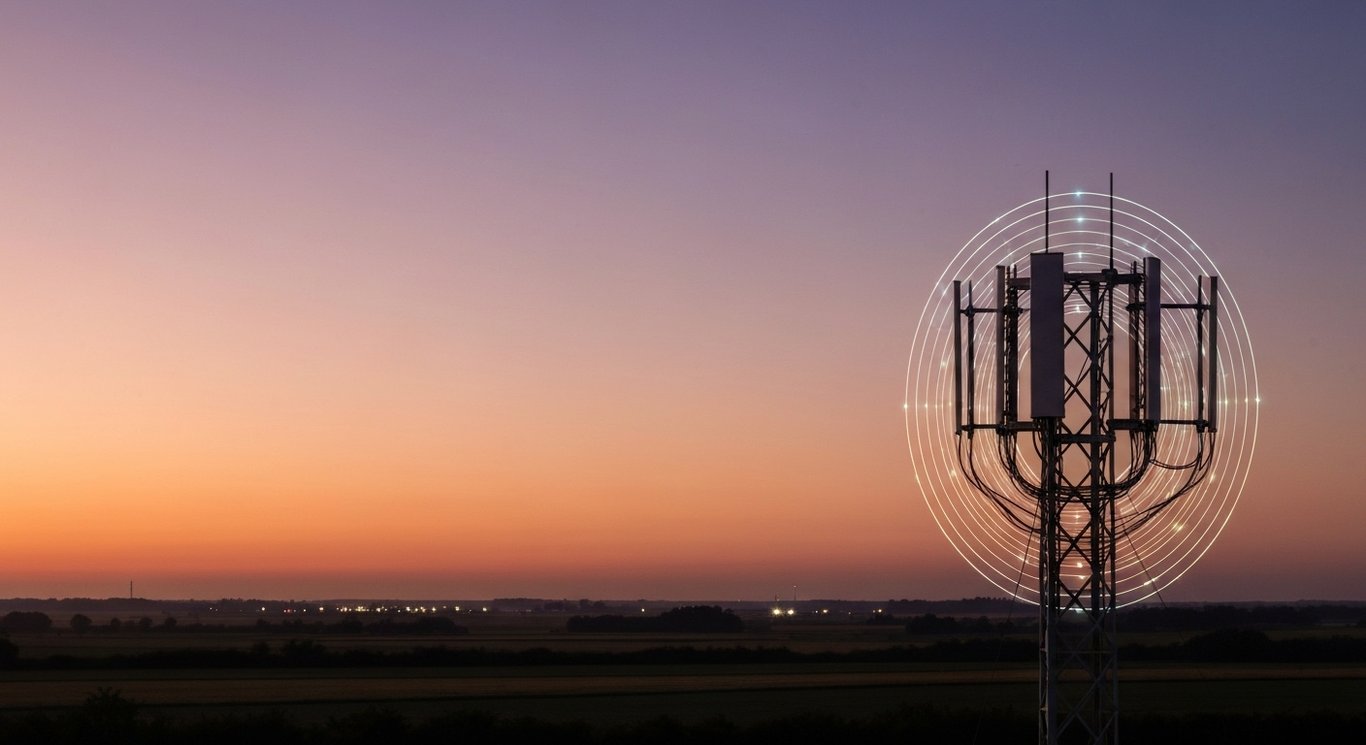 Cell tower with glowing signal arcs over a rural horizon blending into a suburban skyline at dusk