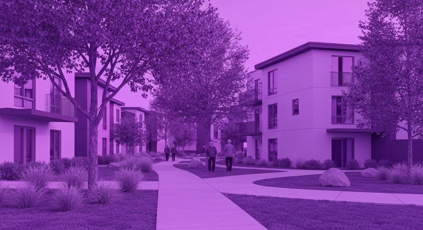 Modern senior living community with active seniors in a landscaped neighborhood and contemporary buildings