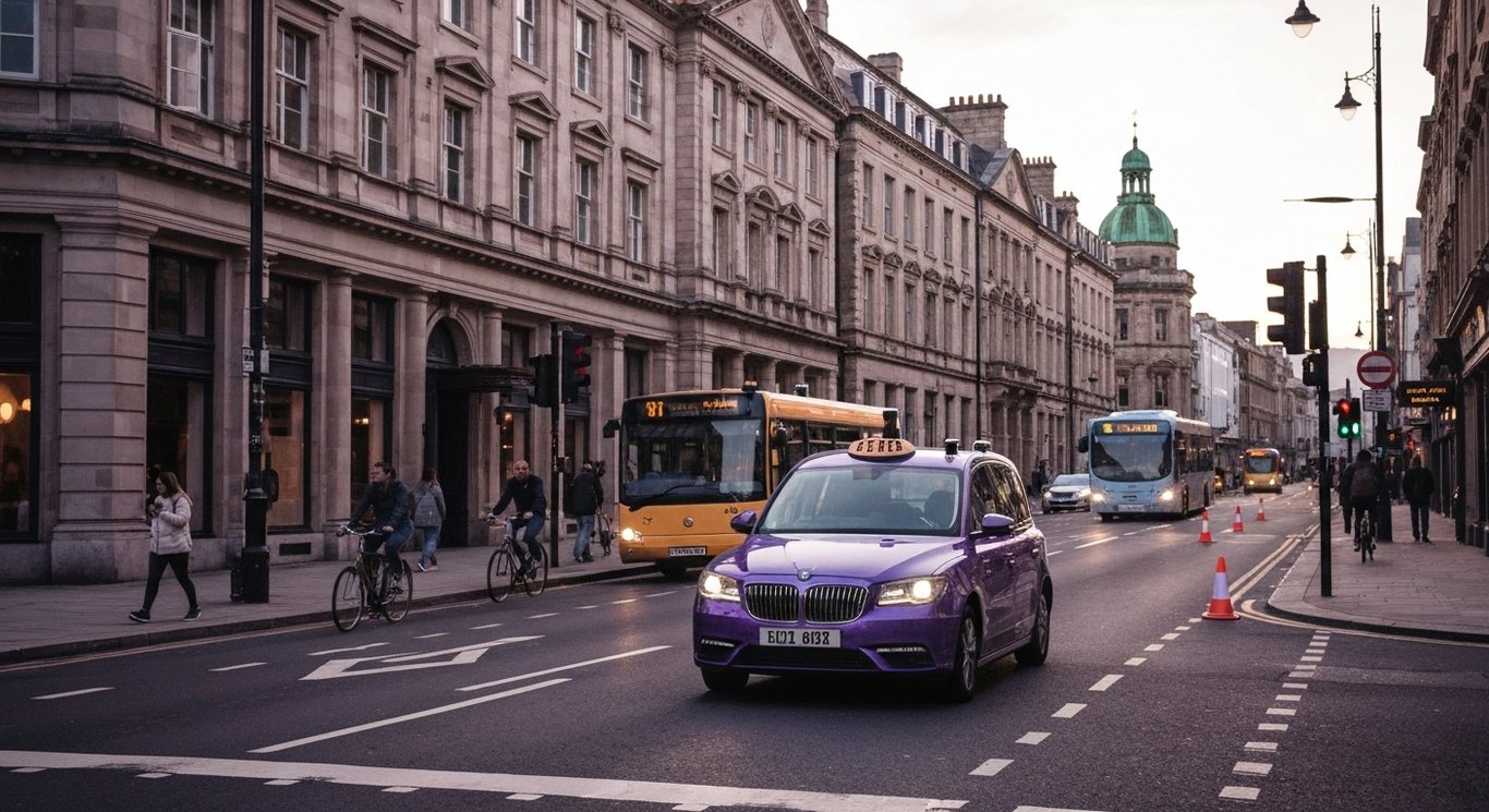 Autonomous taxi with roof lidar glides through a European street at dusk amid pedestrians, cyclists, and passing buses