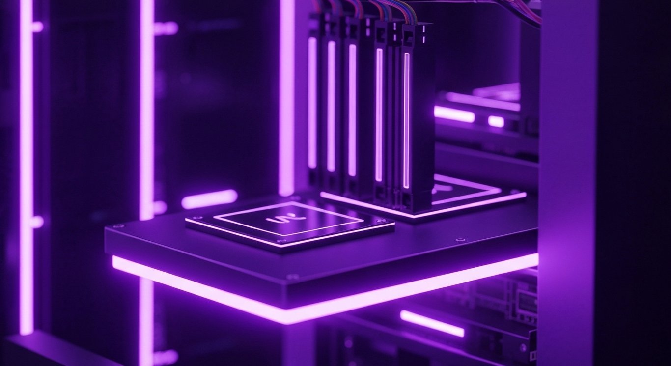 Abstract AI server hardware in a modern data center with subtle purple lighting