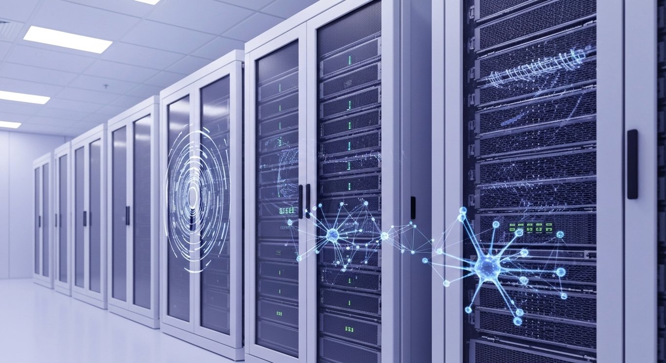 Enterprise data server hardware in a futuristic data center with subtle AI-inspired accents