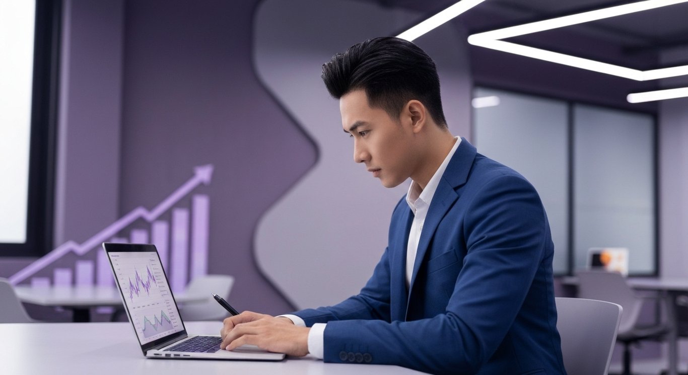 Young professional studies financial charts on laptop in a modern office with abstract purple digital graphics