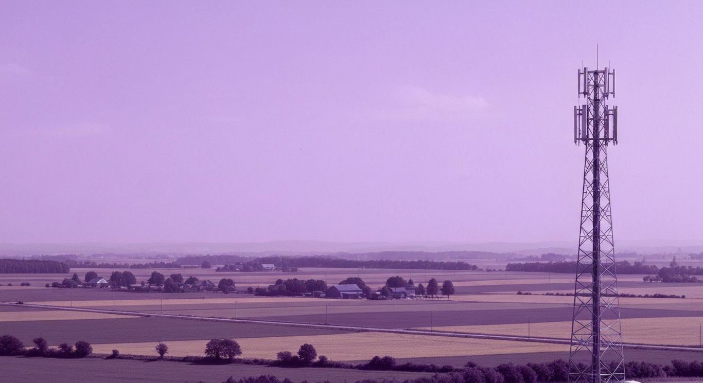 Cellular communication tower in rural countryside under a soft purple sky