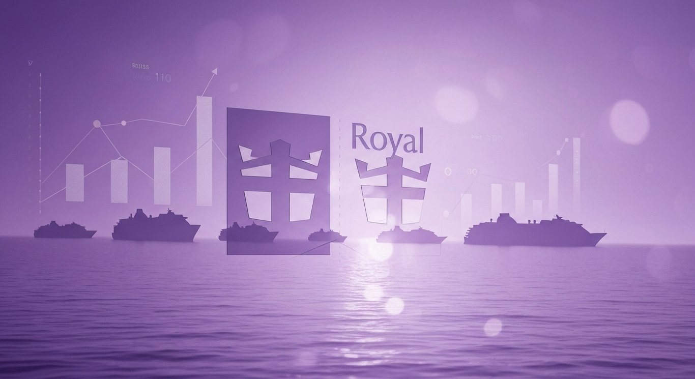 Cruise line logo in frosted glass, fleet silhouettes, growth charts, valuation rings, subtle risk waves, soft reflections in紫