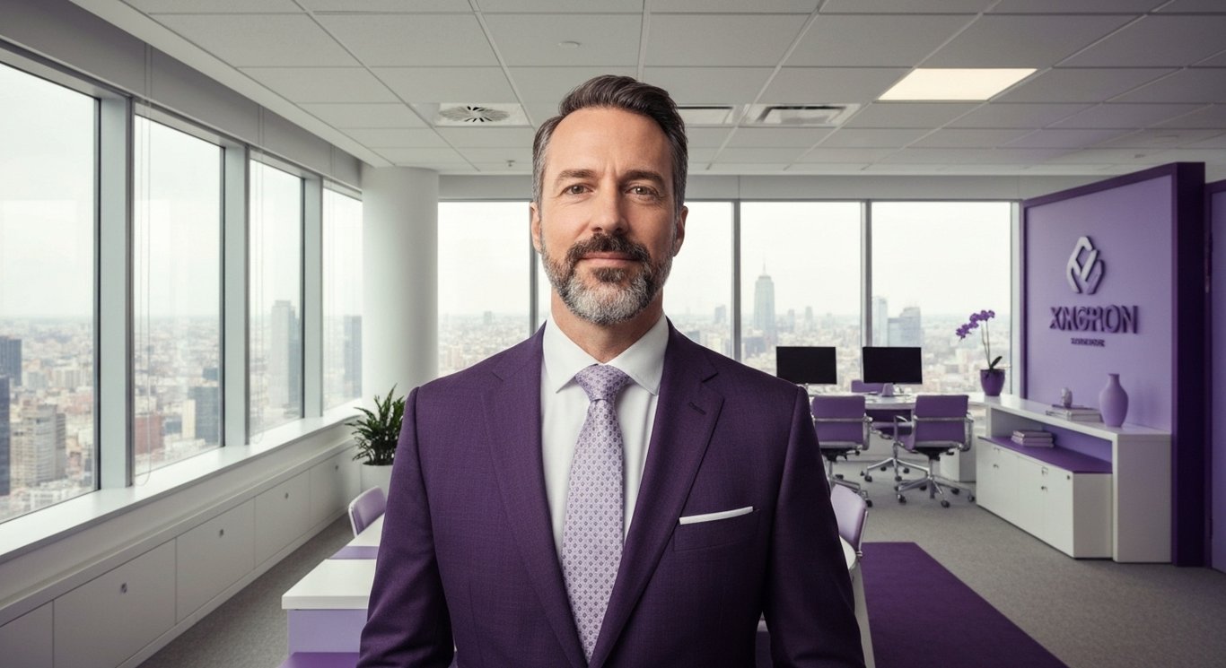 Business executive in a sleek office with a cityscape seen through large windows, lit by soft purple hues