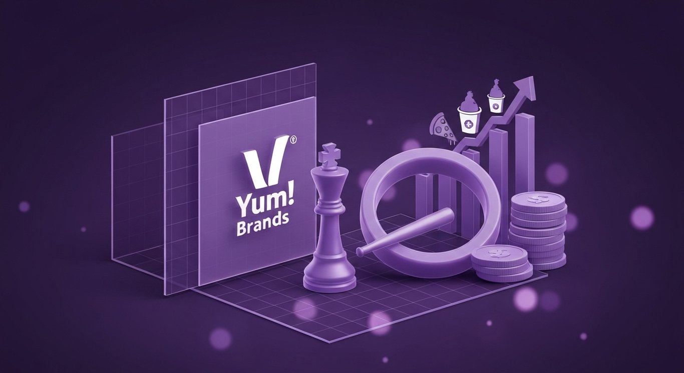 Logo and leadership icons for CEO transition, $1.5B debt issuance, growth and brand innovation in restaurants, fiscal health